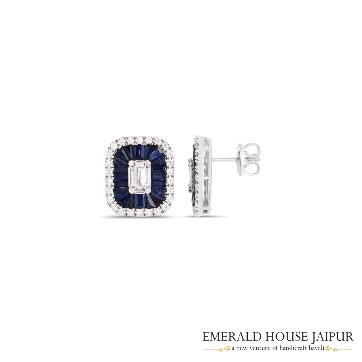 Tapered Baguette-Cut Blue Sapphire & Emerald-Cut Diamond Stud Earrings in 18K White Gold