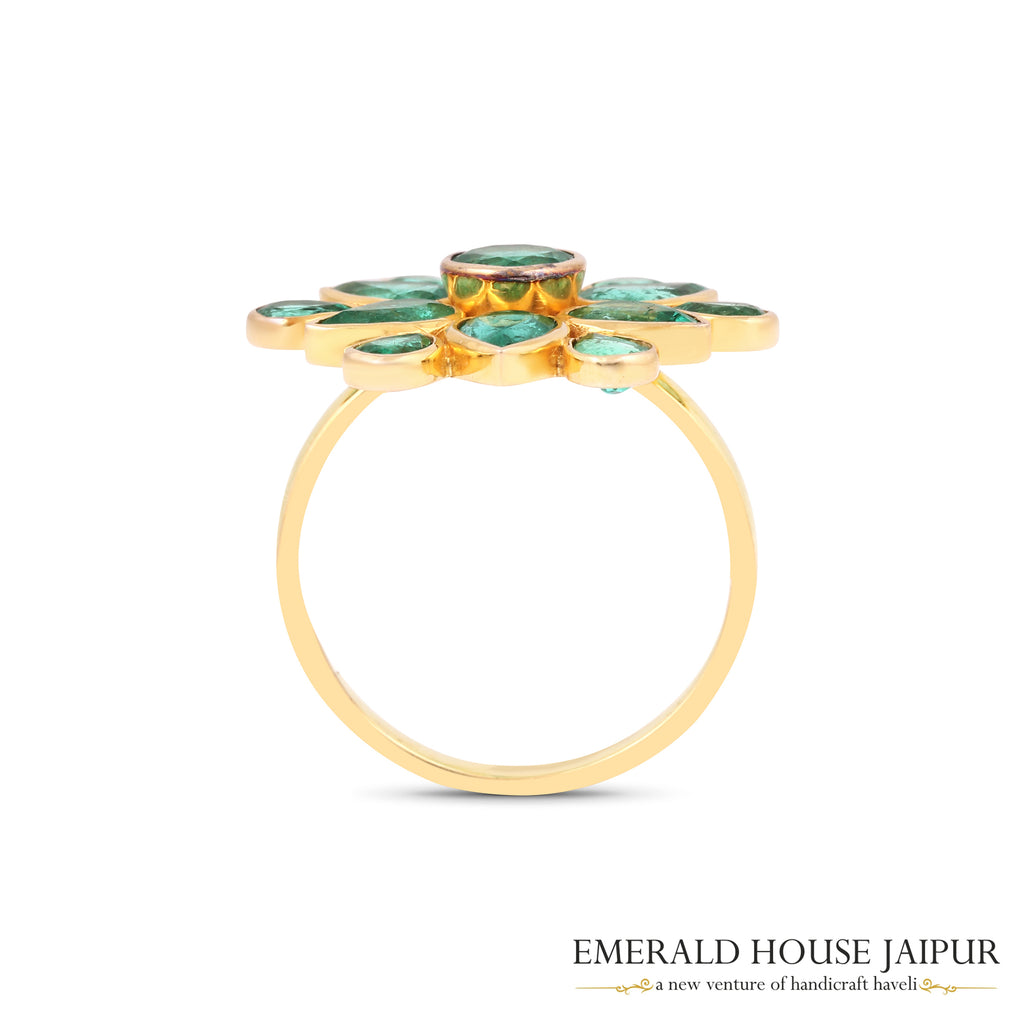 Zambian Round & Pear Emeralds Ring in 18K Yellow Gold