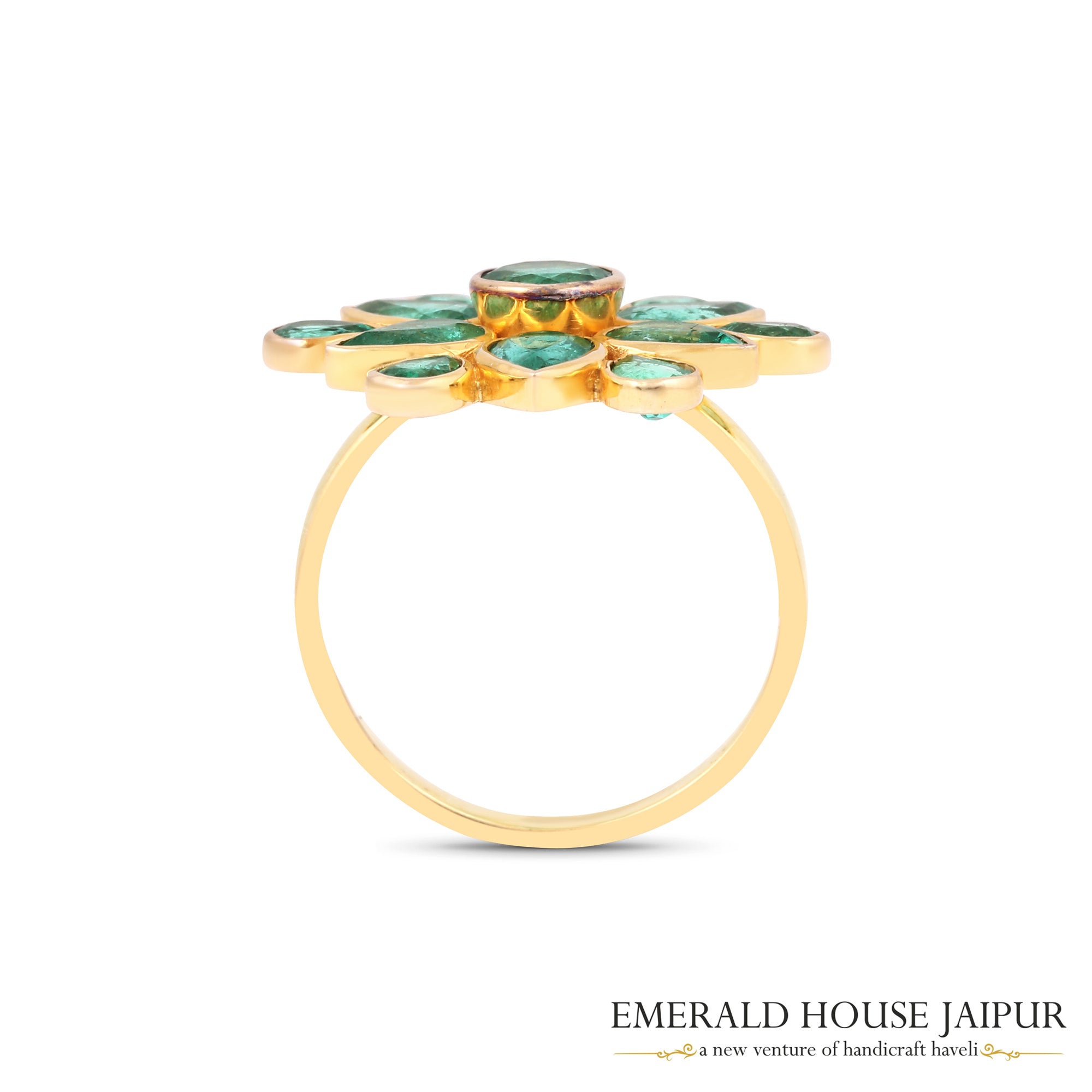 Zambian Round & Pear Emeralds Ring in 18K Yellow Gold