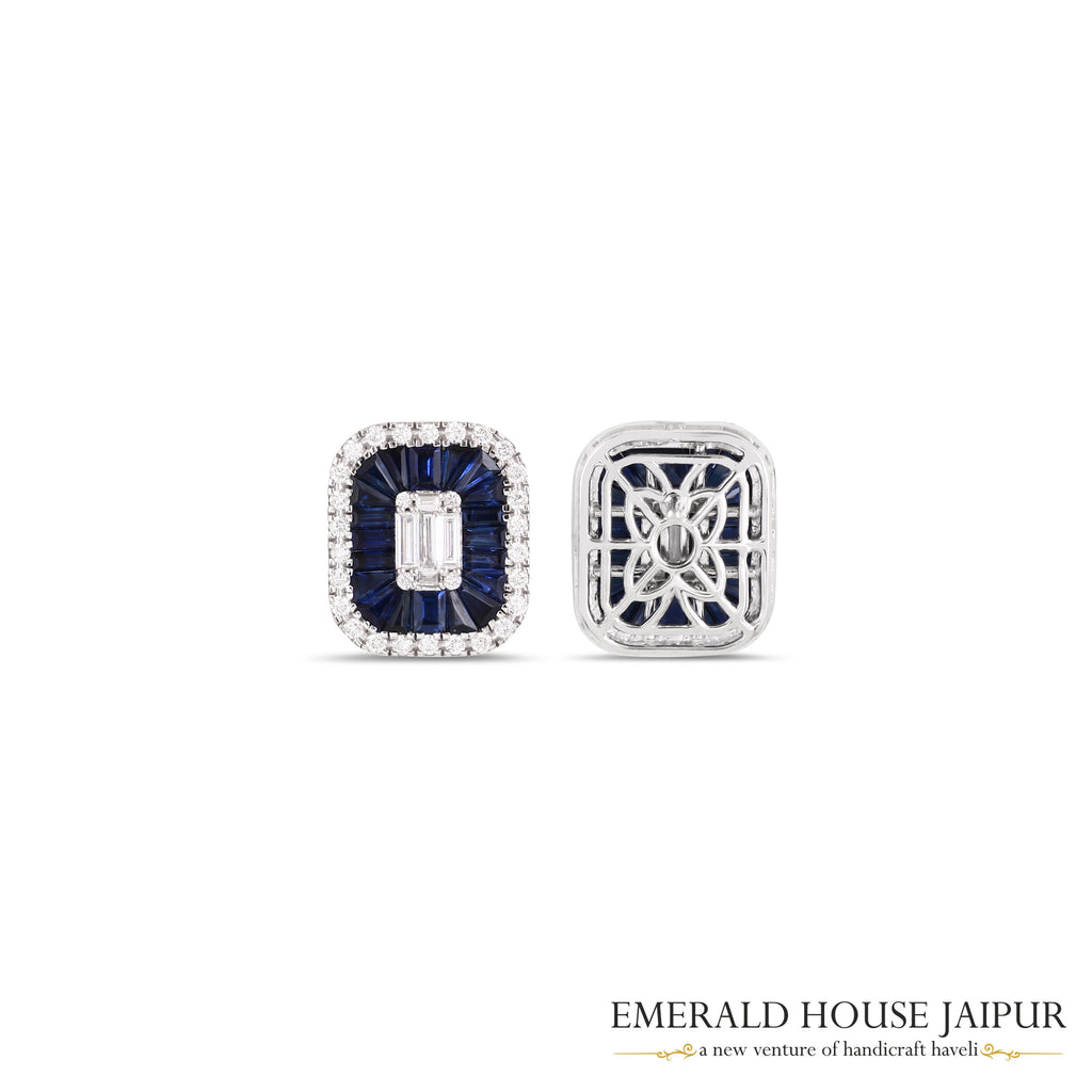 Tapered Baguette-Cut Blue Sapphire & Emerald-Cut Diamond Stud Earrings in 18K White Gold