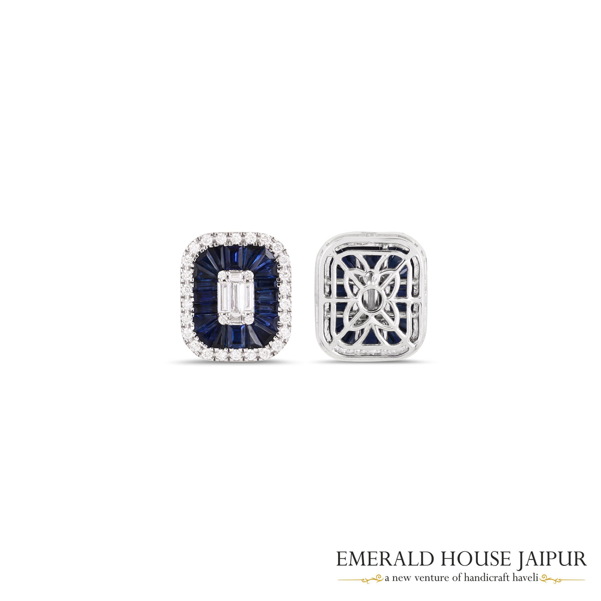 Tapered Baguette-Cut Blue Sapphire & Emerald-Cut Diamond Stud Earrings in 18K White Gold