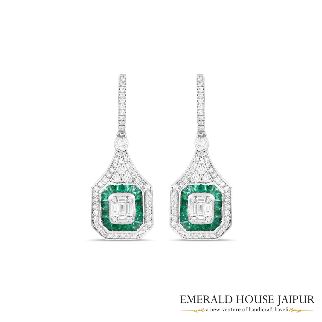 Baguette-Cut Emerald & Emerald-Cut Diamond Halo Drop Earrings in 18K White Gold