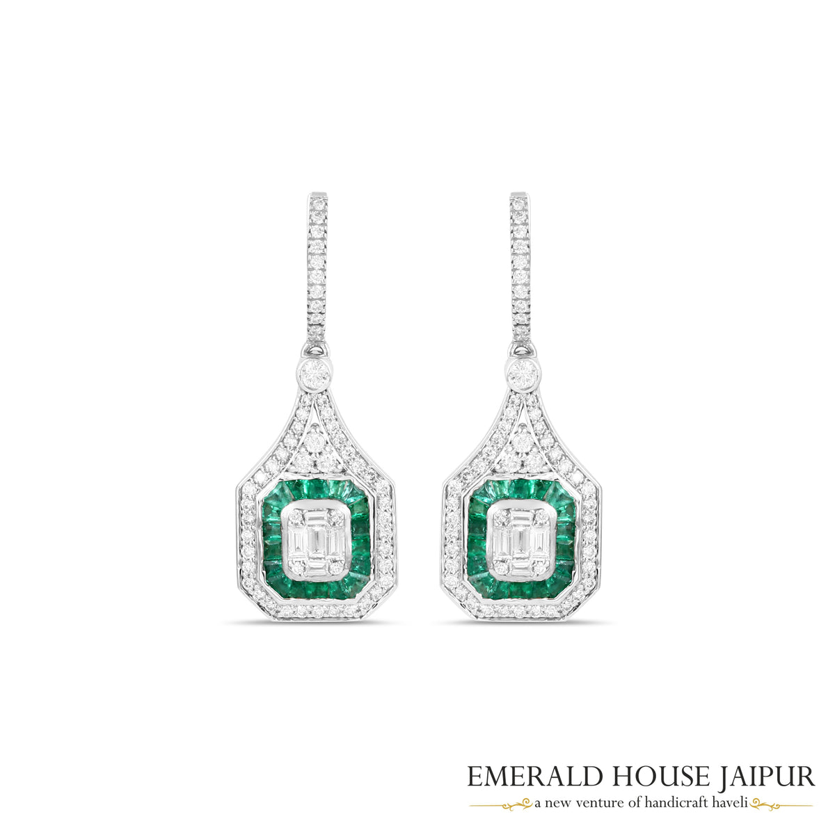 Baguette-Cut Emerald & Emerald-Cut Diamond Halo Drop Earrings in 18K White Gold