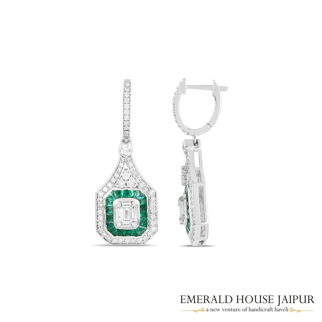 Baguette-Cut Emerald & Emerald-Cut Diamond Halo Drop Earrings in 18K White Gold