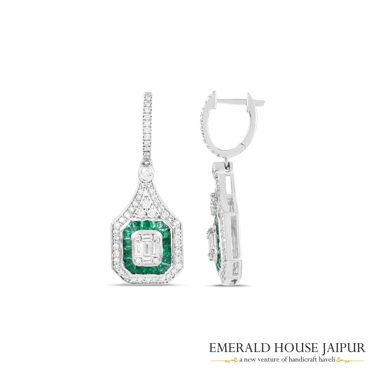 Baguette-Cut Emerald & Emerald-Cut Diamond Halo Drop Earrings in 18K White Gold