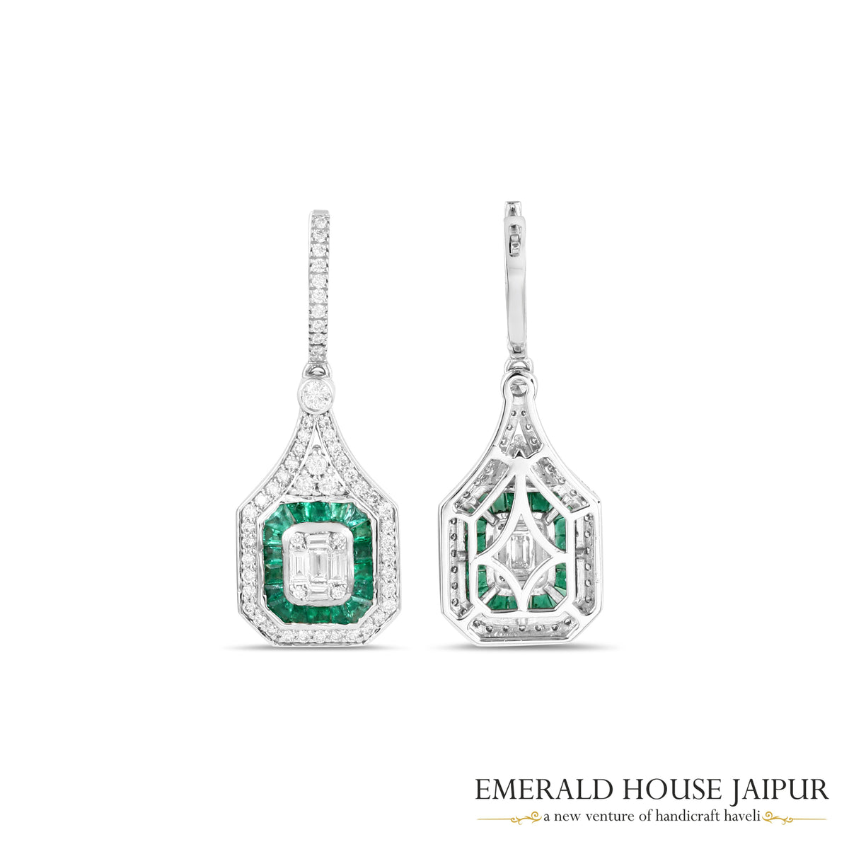 Baguette-Cut Emerald & Emerald-Cut Diamond Halo Drop Earrings in 18K White Gold