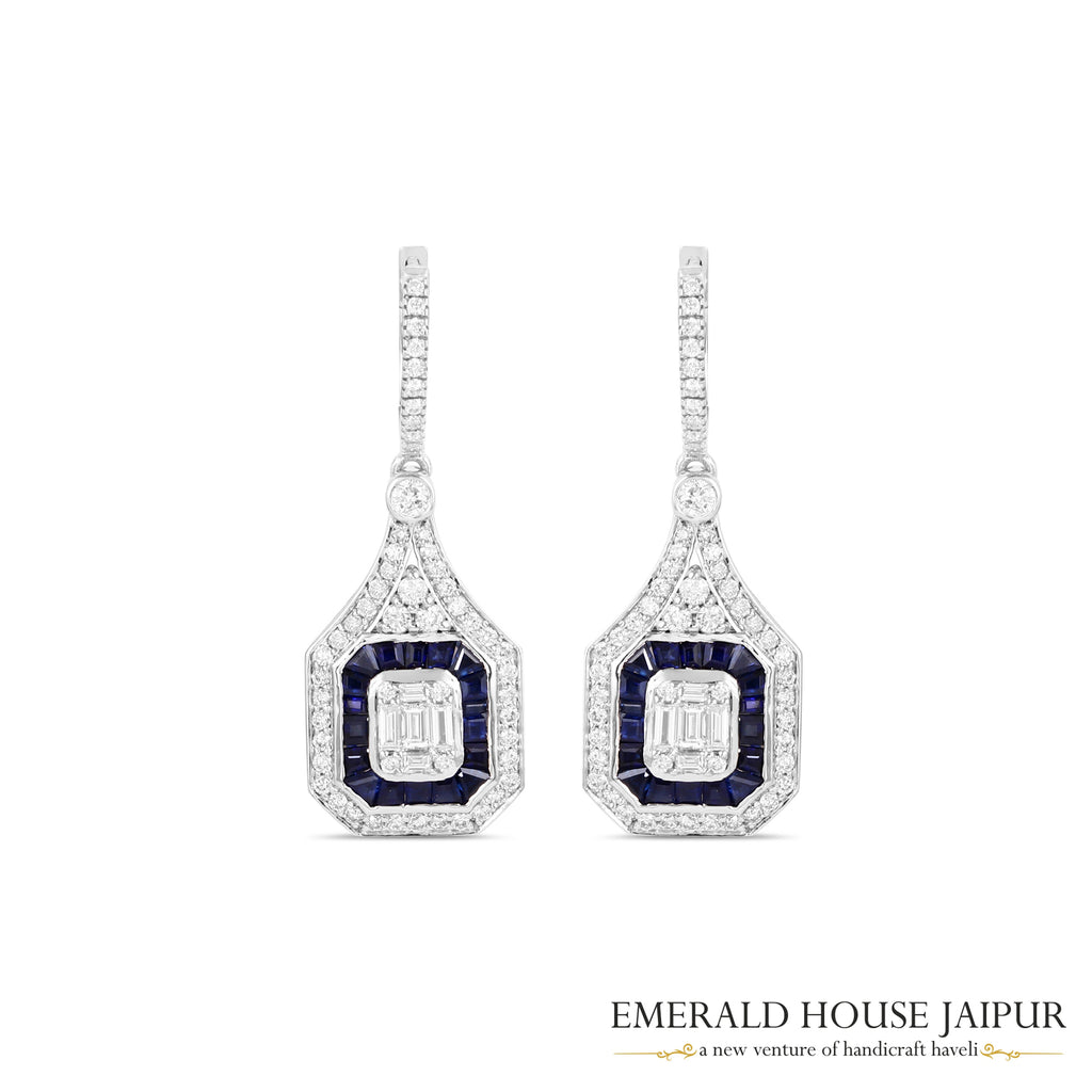 Baguette-Cut Blue Sapphire & Emerald-Cut Diamond Halo Drop Earrings in 18K White Gold