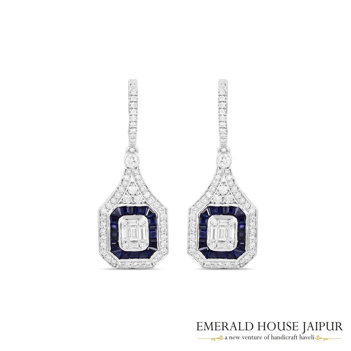 Baguette-Cut Blue Sapphire & Emerald-Cut Diamond Halo Drop Earrings in 18K White Gold