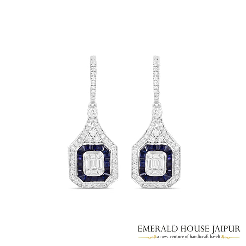 Baguette-Cut Blue Sapphire & Emerald-Cut Diamond Halo Drop Earrings in 18K White Gold