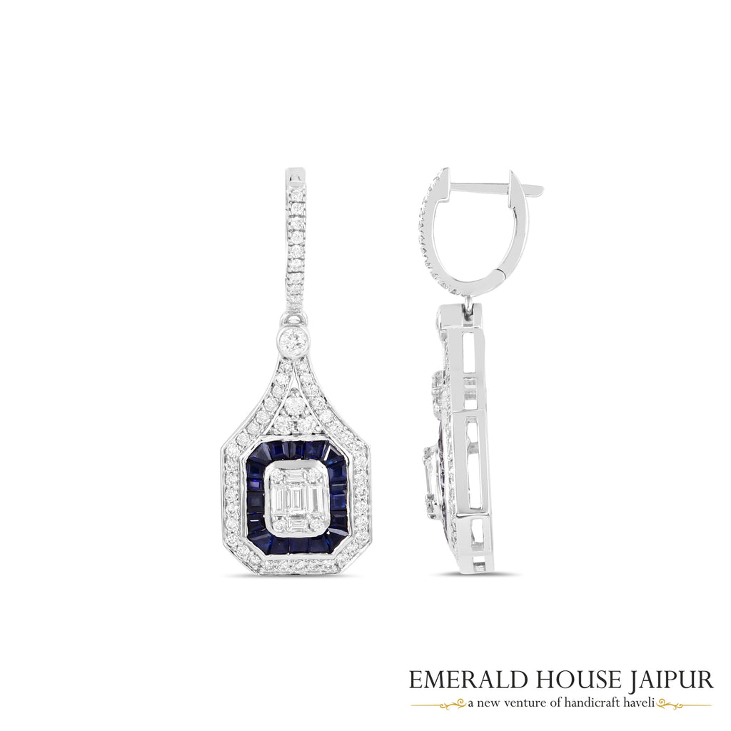 Baguette-Cut Blue Sapphire & Emerald-Cut Diamond Halo Drop Earrings in 18K White Gold