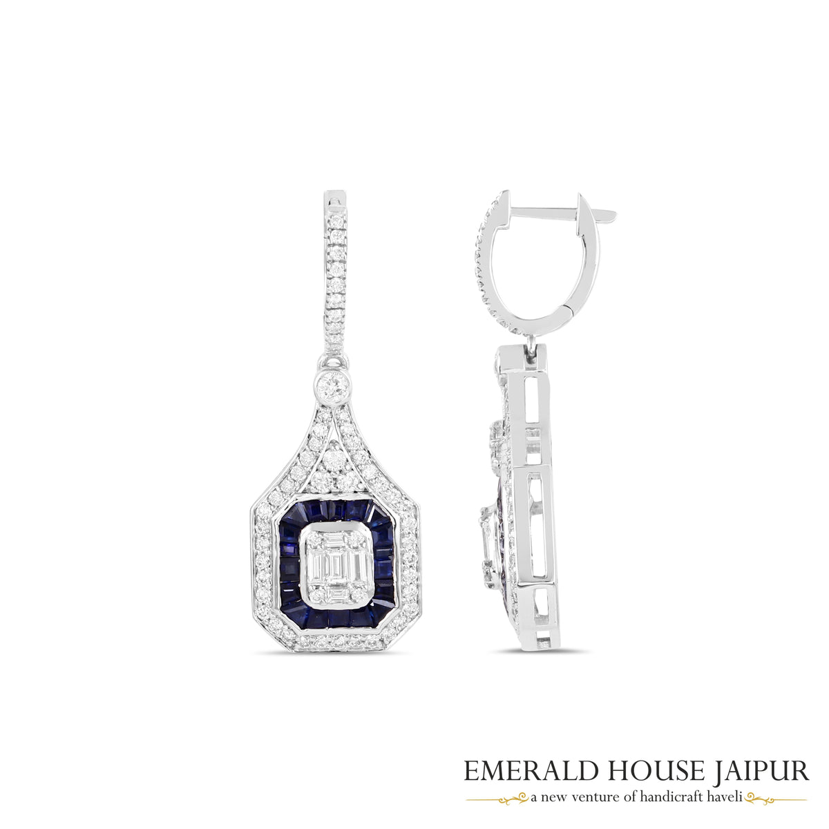 Baguette-Cut Blue Sapphire & Emerald-Cut Diamond Halo Drop Earrings in 18K White Gold