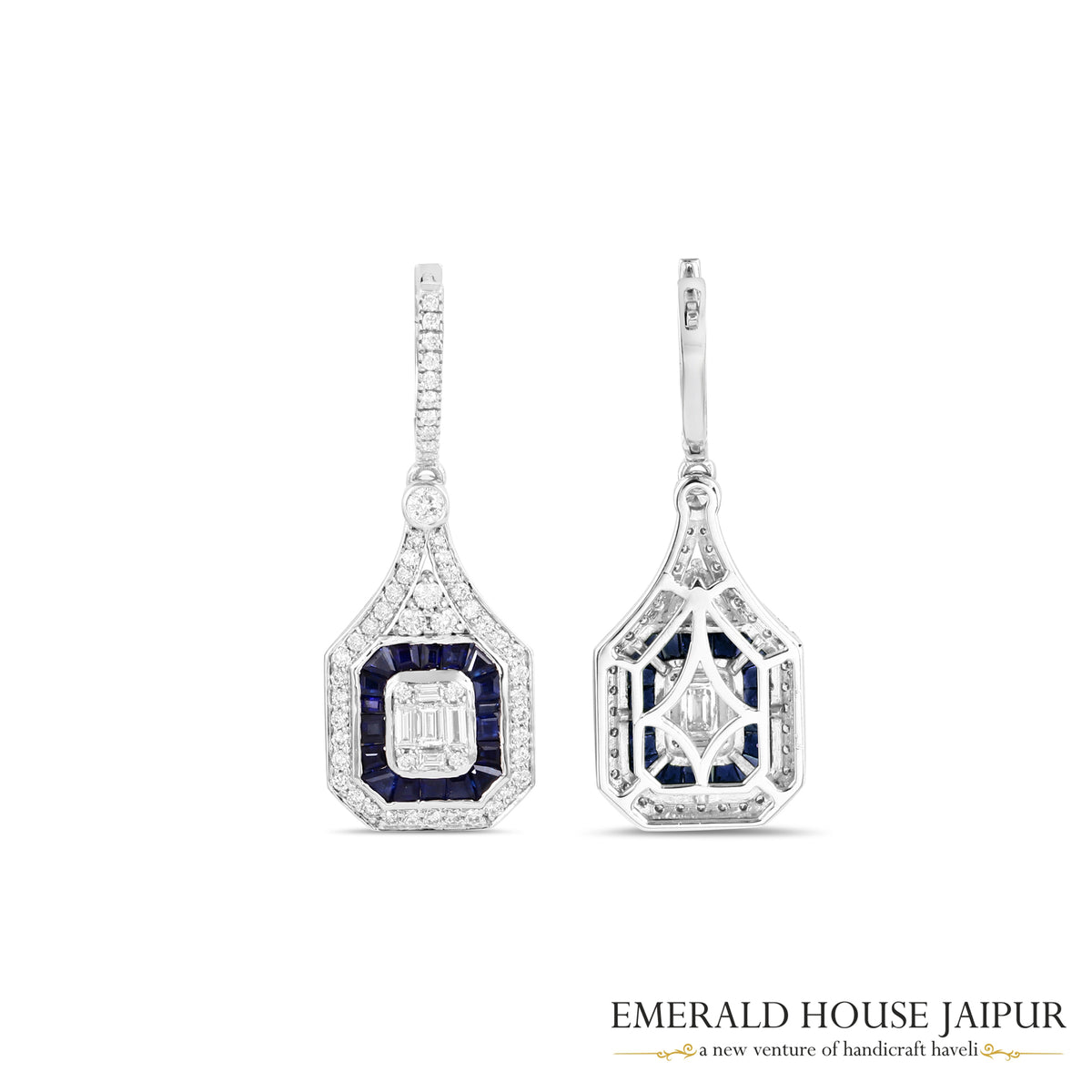 Baguette-Cut Blue Sapphire & Emerald-Cut Diamond Halo Drop Earrings in 18K White Gold