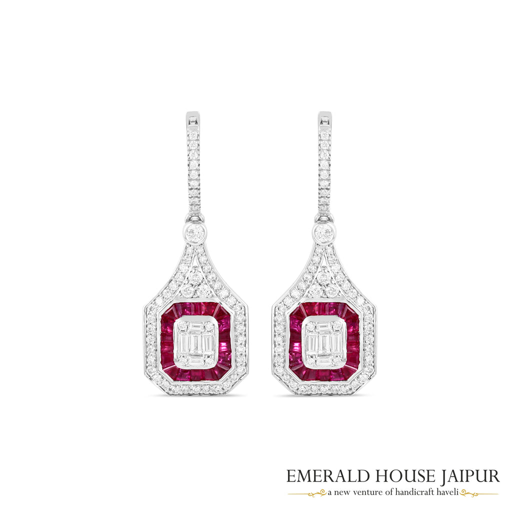 Baguette-Cut Ruby & Emerald-Cut Diamond Halo Drop Earrings in 18K White Gold