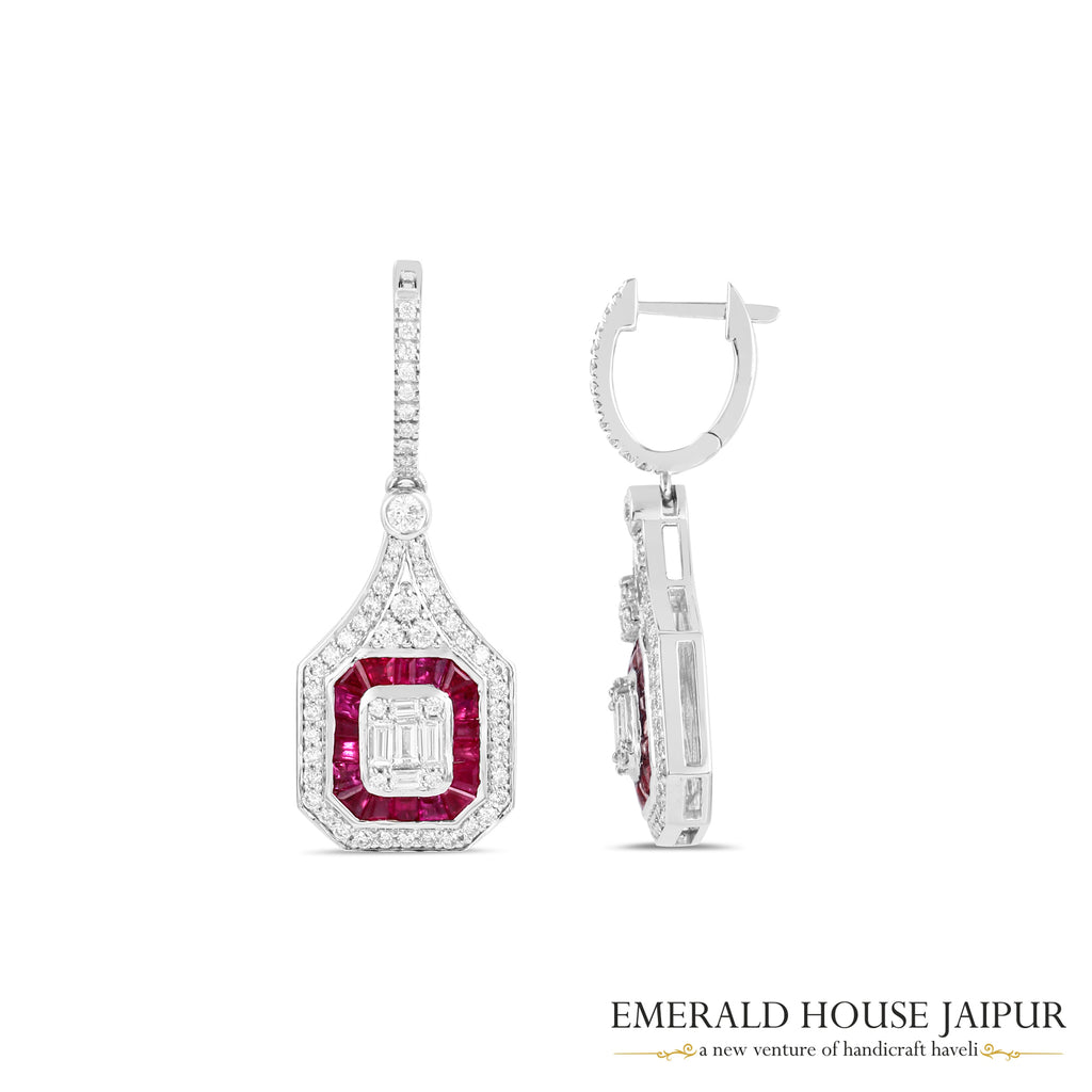 Baguette-Cut Ruby & Emerald-Cut Diamond Halo Drop Earrings in 18K White Gold