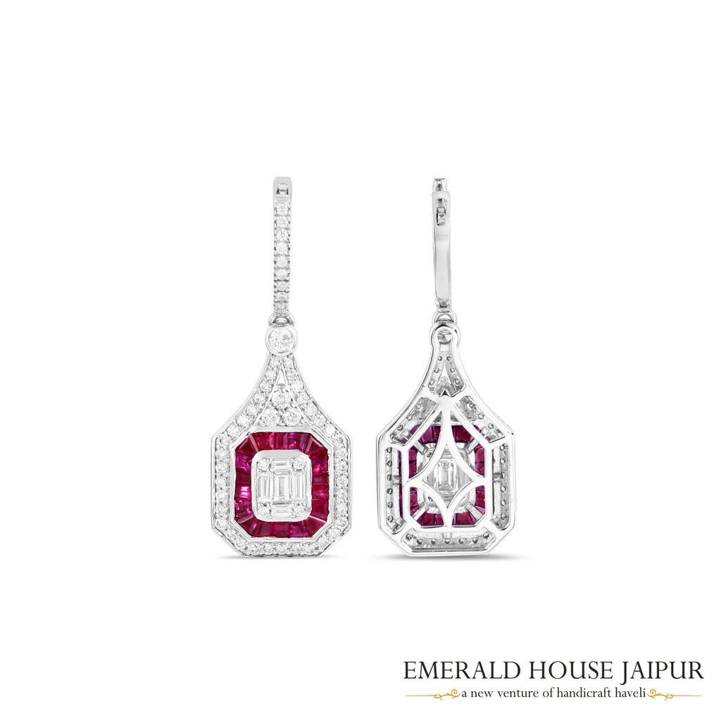 Baguette-Cut Ruby & Emerald-Cut Diamond Halo Drop Earrings in 18K White Gold