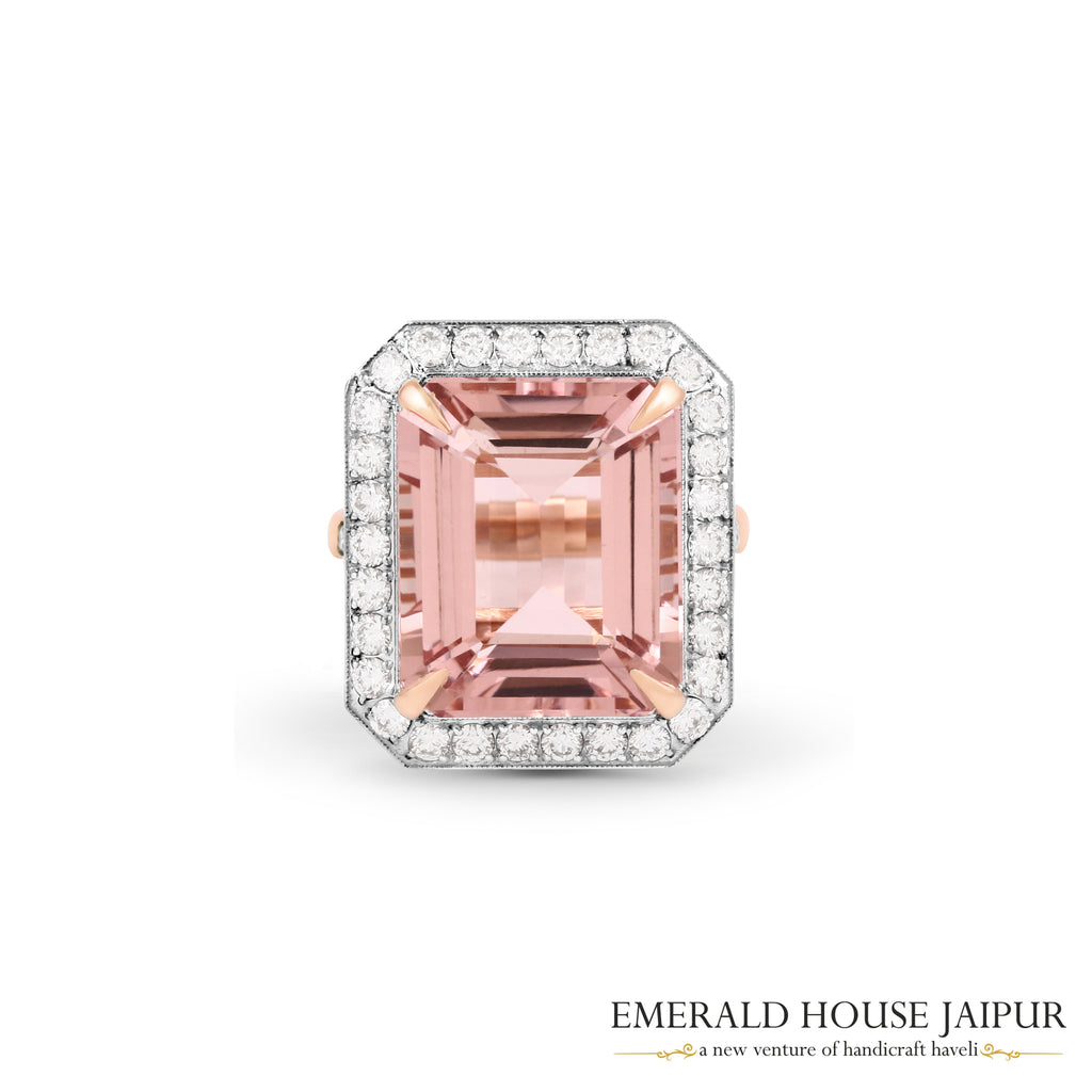 Emerald-Cut Morganite & Diamond Halo Ring in 18K Rose Gold