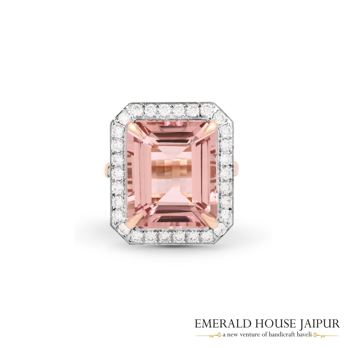 Emerald-Cut Morganite & Diamond Halo Ring in 18K Rose Gold