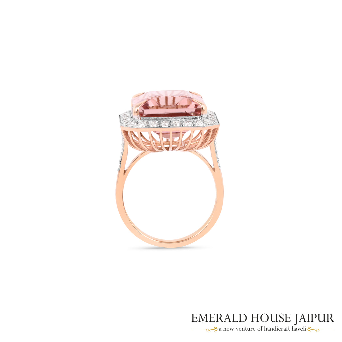 Emerald-Cut Morganite & Diamond Halo Ring in 18K Rose Gold
