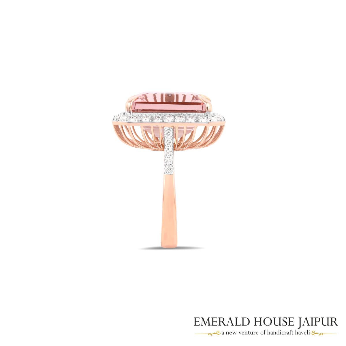 Emerald-Cut Morganite & Diamond Halo Ring in 18K Rose Gold