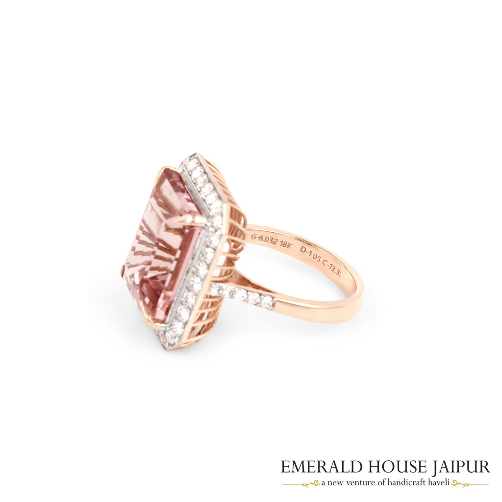 Emerald-Cut Morganite & Diamond Halo Ring in 18K Rose Gold