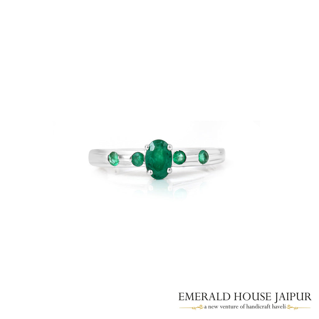 Zambian Oval & Round Emeralds Ring in 18K White Gold