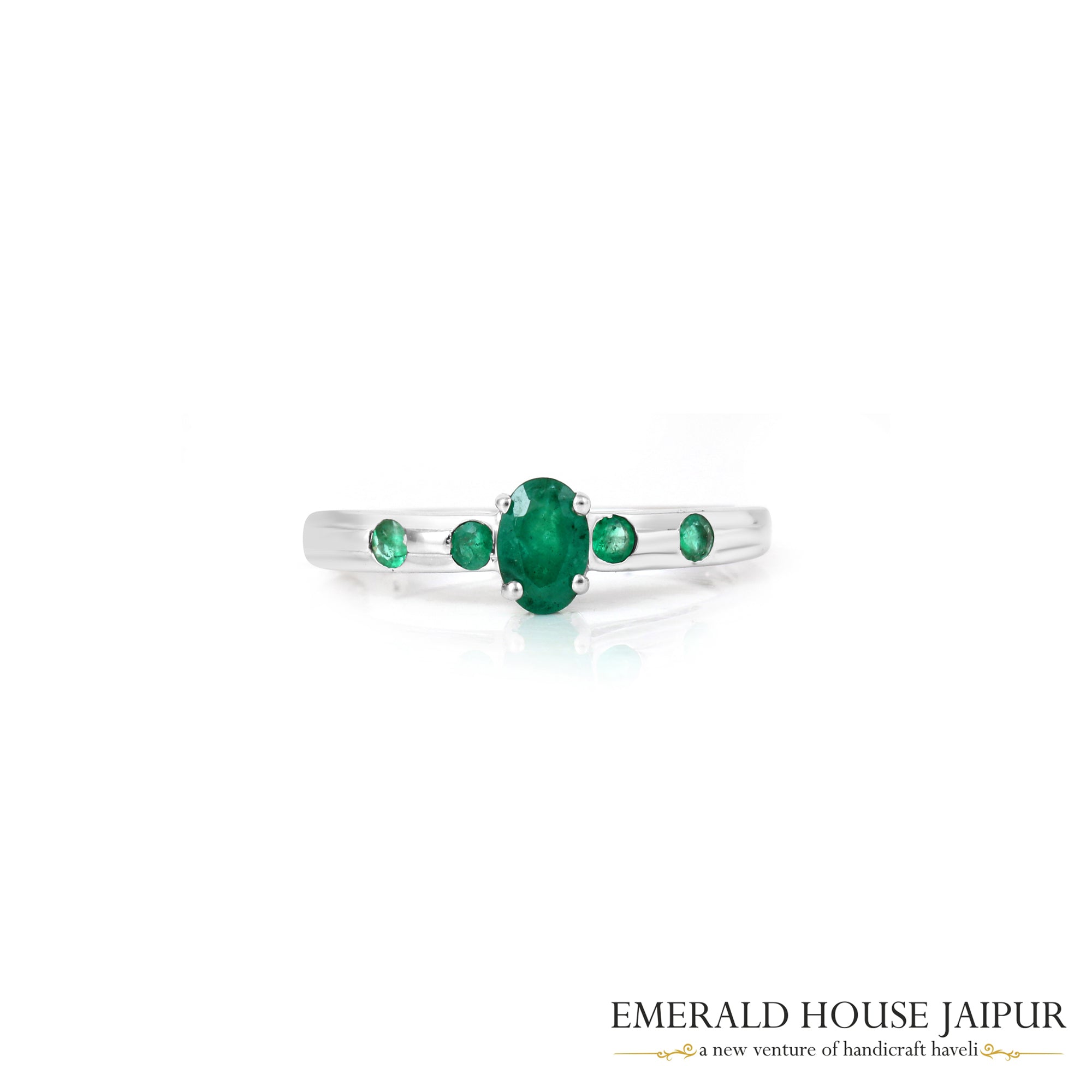 Zambian Oval & Round Emeralds Ring in 18K White Gold