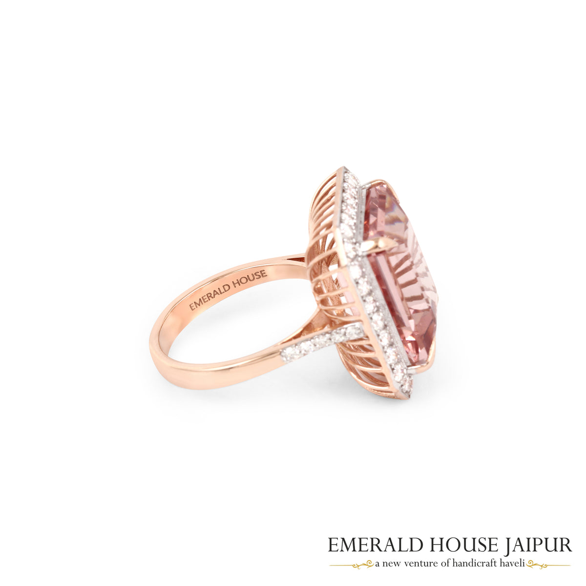 Emerald-Cut Morganite & Diamond Halo Ring in 18K Rose Gold