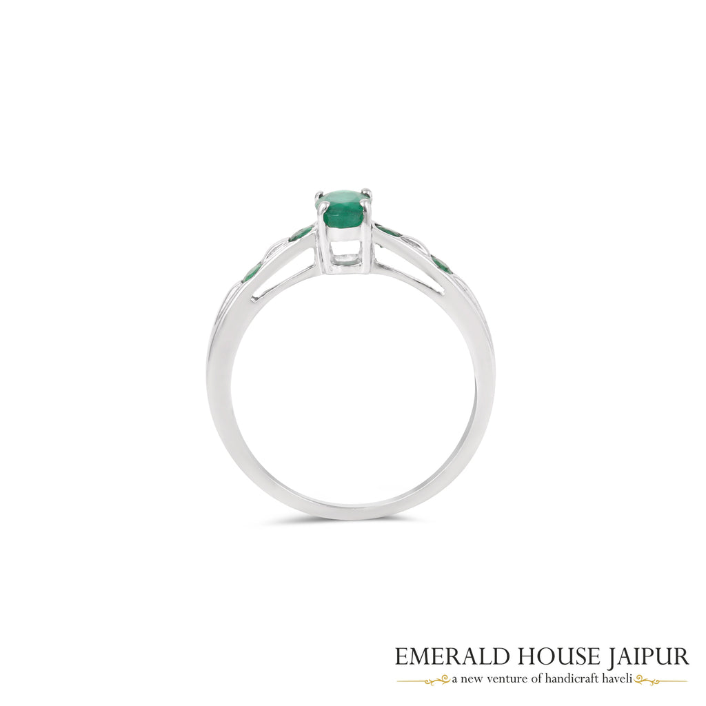Zambian Oval & Round Emeralds Ring in 18K White Gold