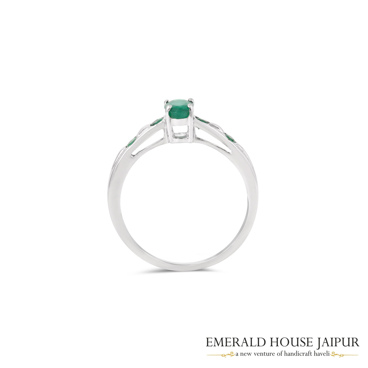 Zambian Oval & Round Emeralds Ring in 18K White Gold