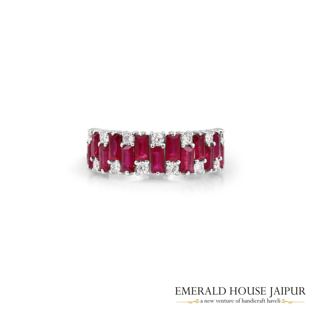 Baguette-Cut Ruby & Round Brilliant-Cut Diamond Half-Band in 18K White Gold