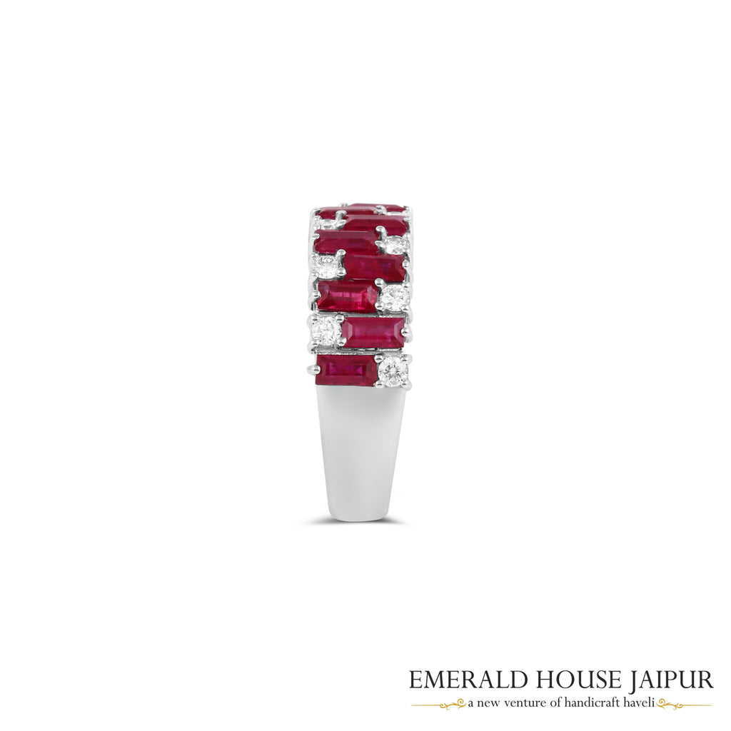 Baguette-Cut Ruby & Round Brilliant-Cut Diamond Half-Band in 18K White Gold