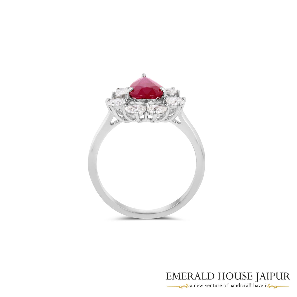 Pear-Cut Ruby & Pear-Cut Diamond Floral Halo Ring in 18K White Gold