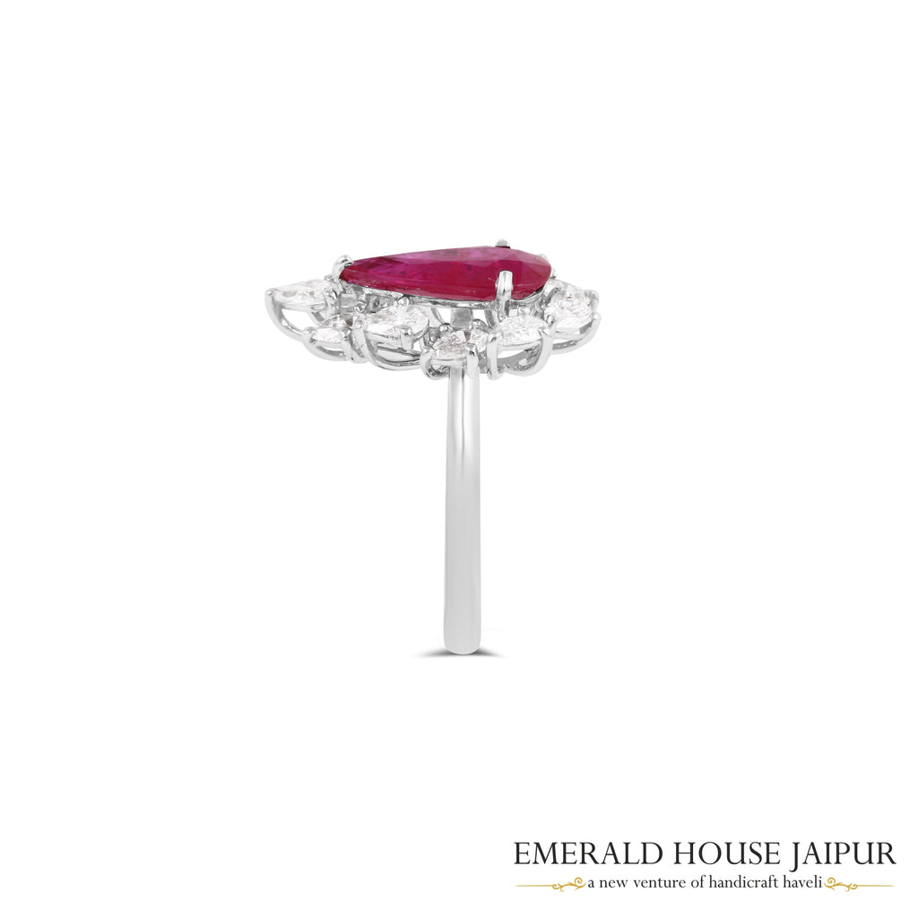 Pear-Cut Ruby & Pear-Cut Diamond Floral Halo Ring in 18K White Gold