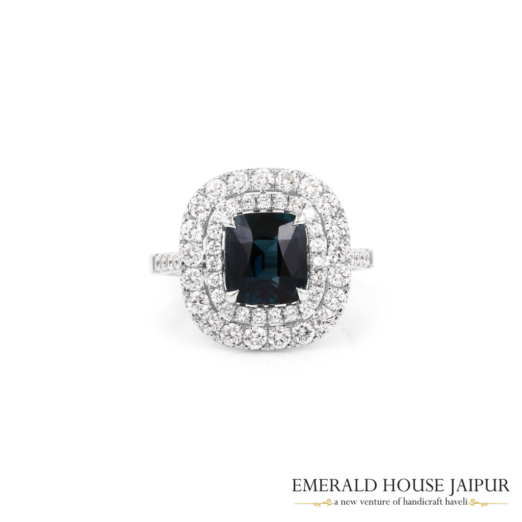 Rectangular Cushion-Cut Teal Spinel & Double Diamond Halo Ring in 18K White Gold