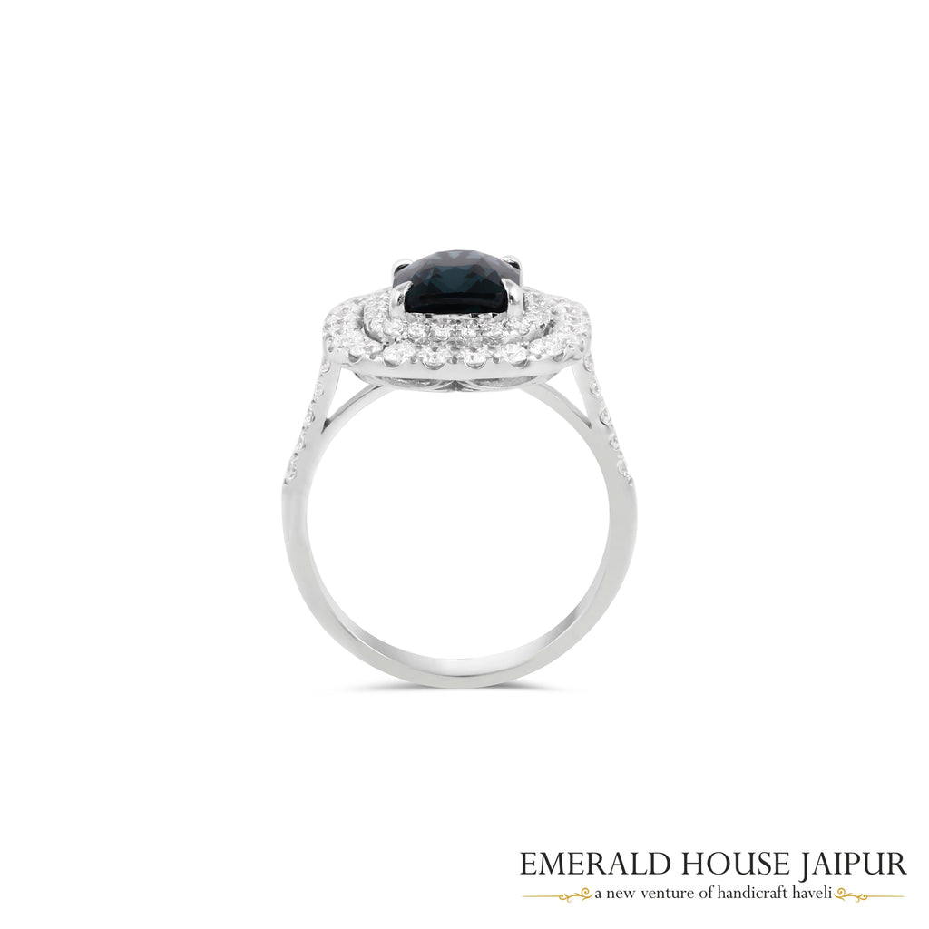 Rectangular Cushion-Cut Teal Spinel & Double Diamond Halo Ring in 18K White Gold