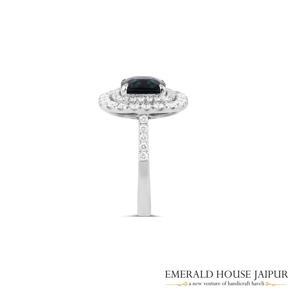 Rectangular Cushion-Cut Teal Spinel & Double Diamond Halo Ring in 18K White Gold