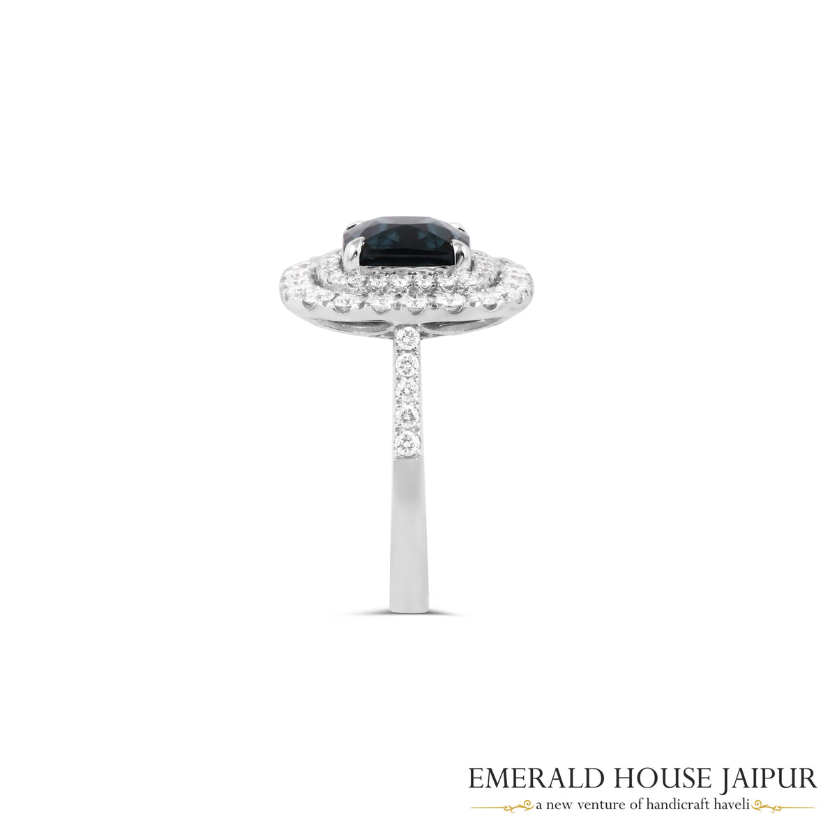 Rectangular Cushion-Cut Teal Spinel & Double Diamond Halo Ring in 18K White Gold