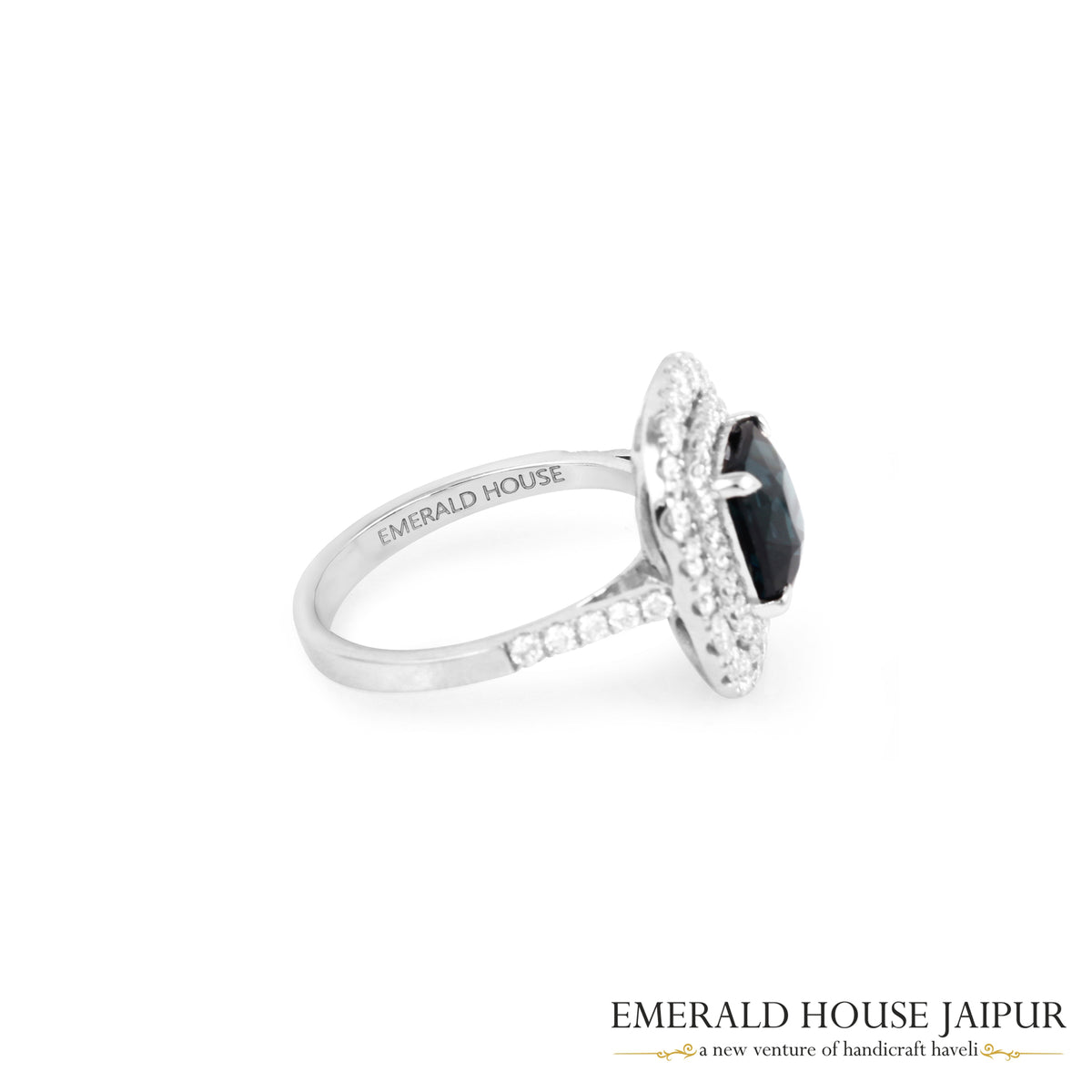 Rectangular Cushion-Cut Teal Spinel & Double Diamond Halo Ring in 18K White Gold