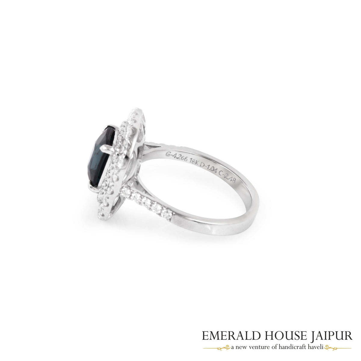 Rectangular Cushion-Cut Teal Spinel & Double Diamond Halo Ring in 18K White Gold