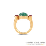 Zambian Carved Pear Emerald with Round Rubilites in 18k Matte Yellow Gold