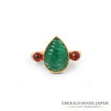 Zambian Carved Pear Emerald with Round Rubilites in 18k Matte Yellow Gold