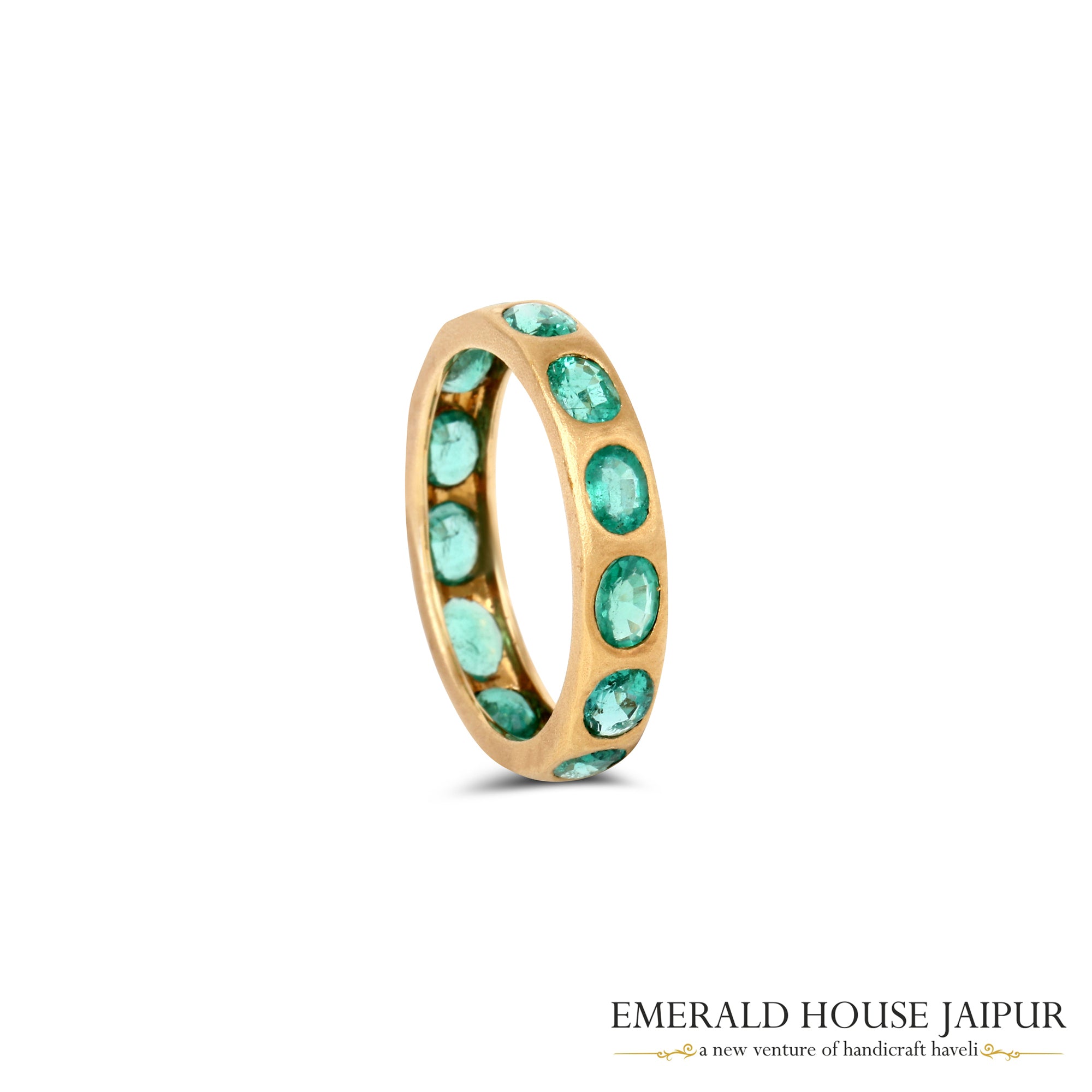 Zambian Oval Emeralds Eternity Band in 18K matte yellow gold