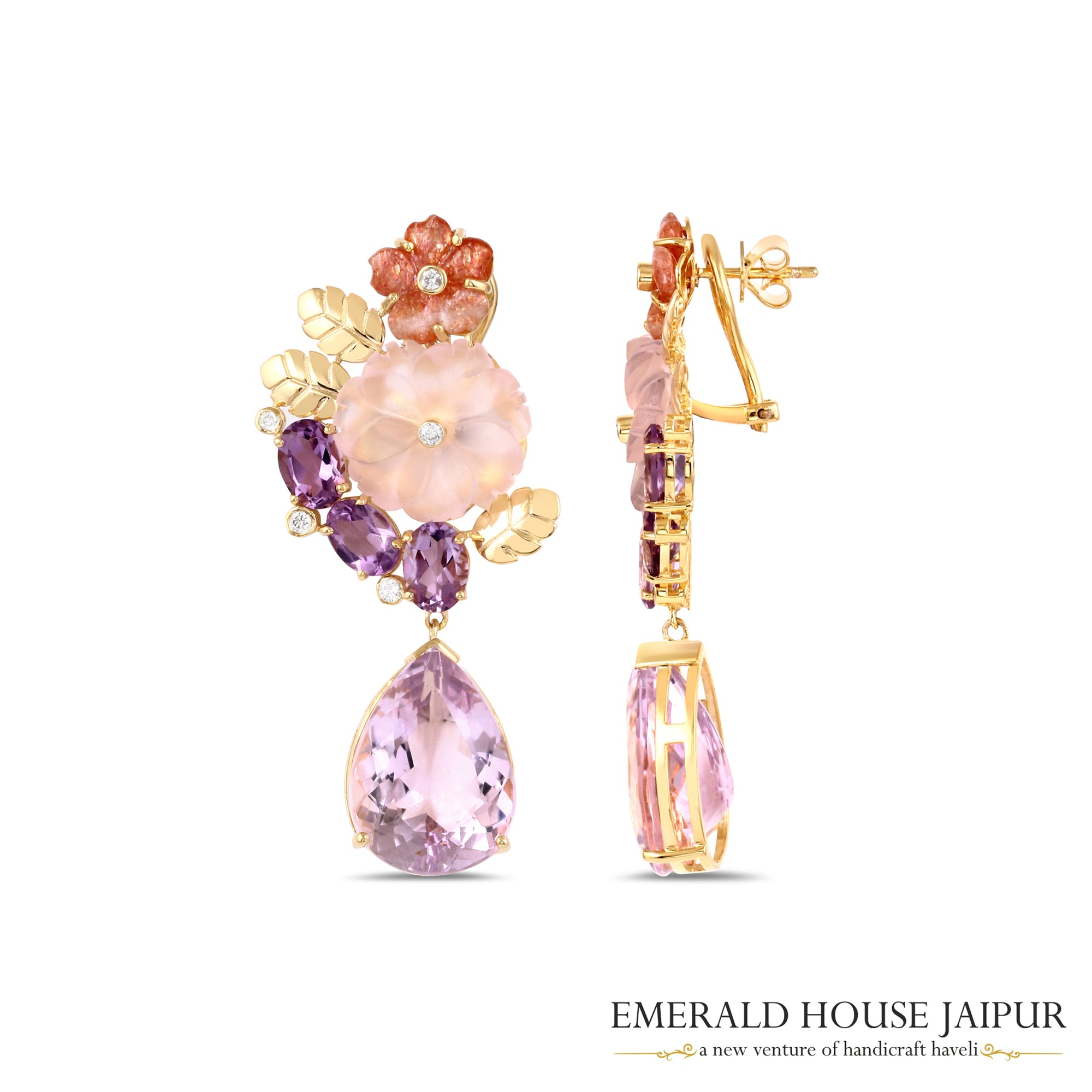 Floral Carnelian, Rose Quartz & Amethyst Drop Earrings, Accented with Diamonds, Set in 18K Yellow Gold