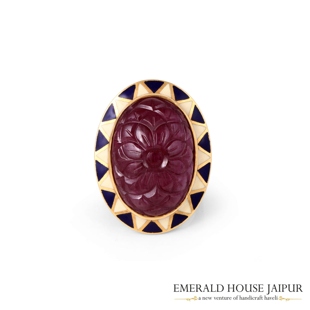 Mozambique Carved Oval Ruby Ring with Enamel Work in 18k Yellow Gold