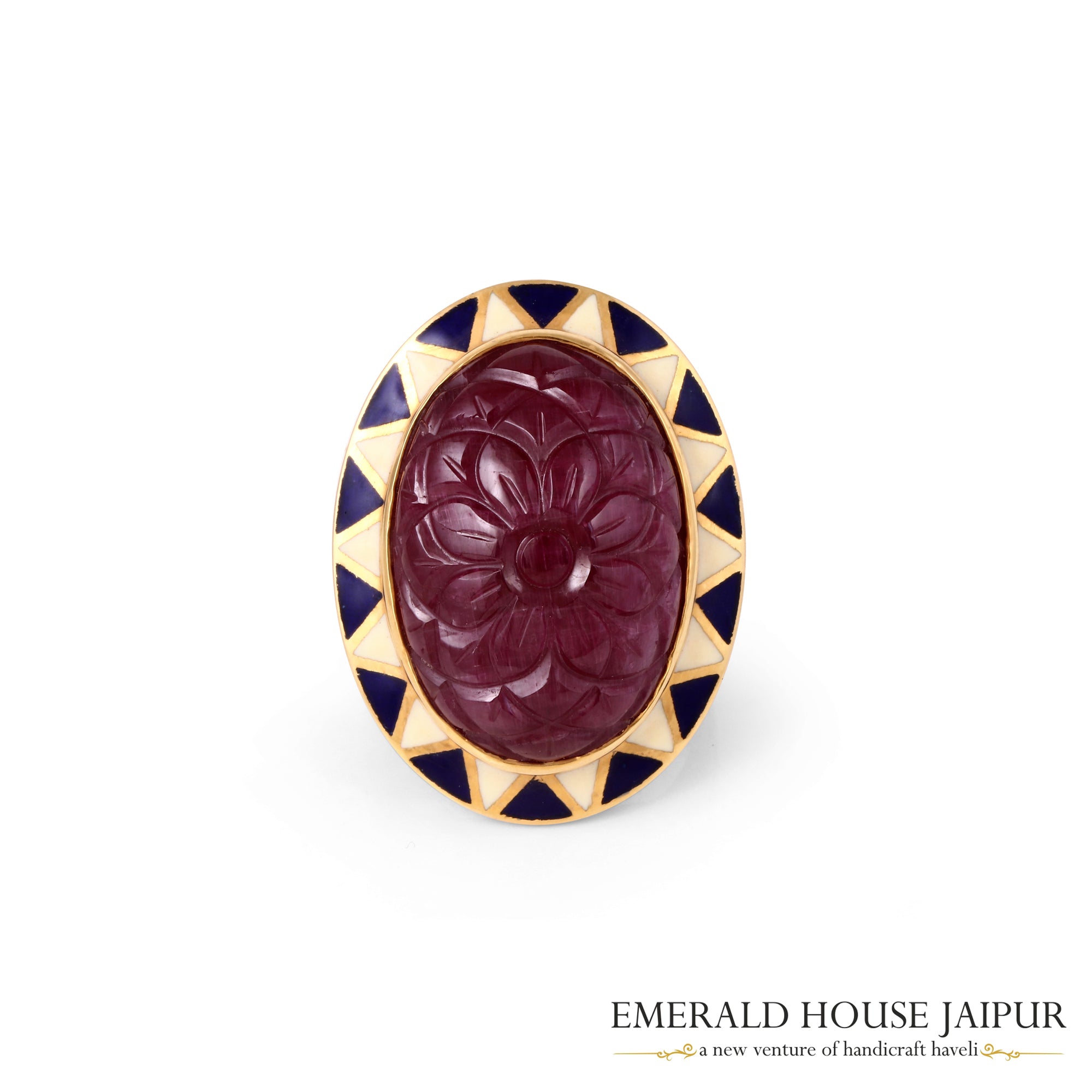 Mozambique Carved Oval Ruby Ring with Enamel Work in 18k Yellow Gold