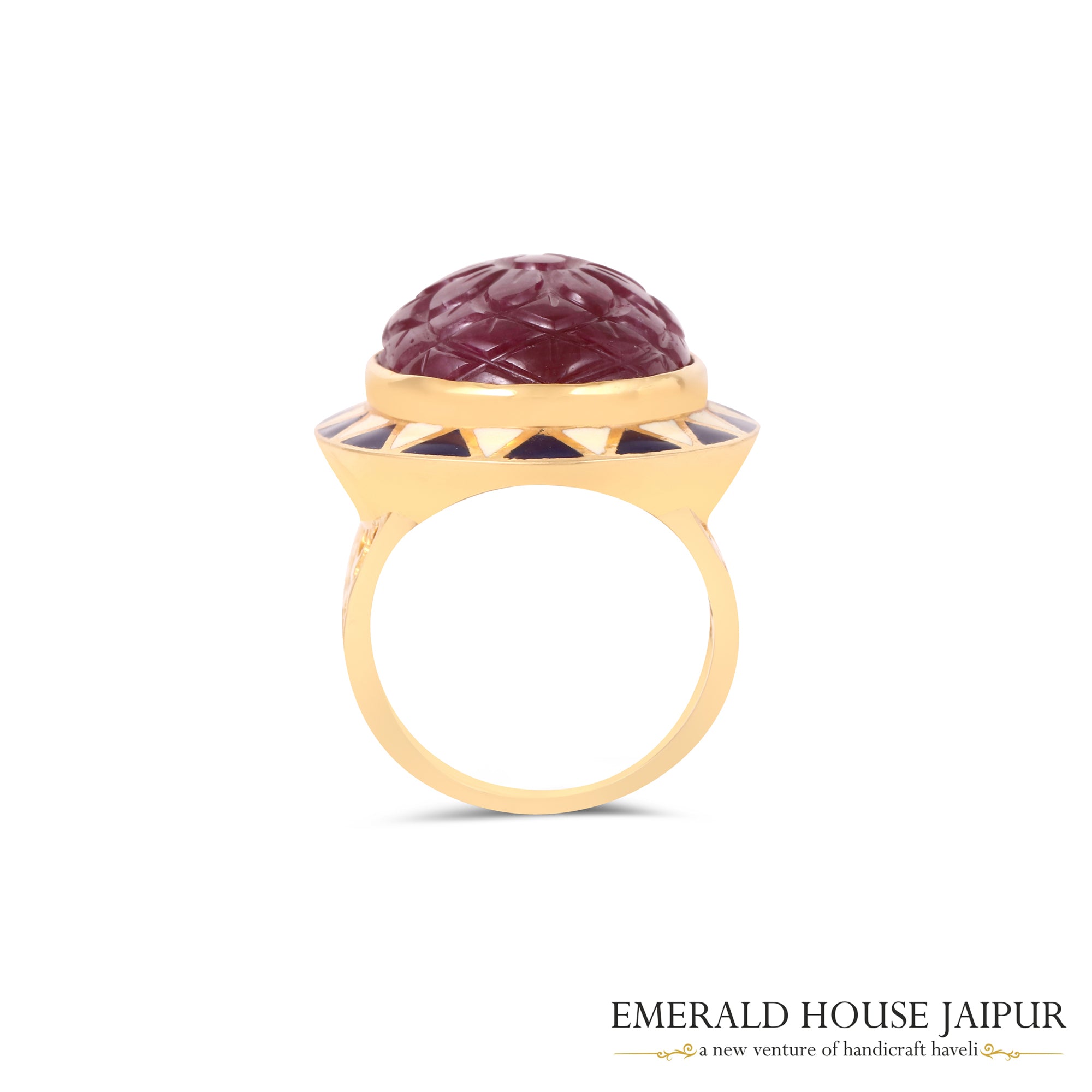 Mozambique Carved Oval Ruby Ring with Enamel Work in 18k Yellow Gold