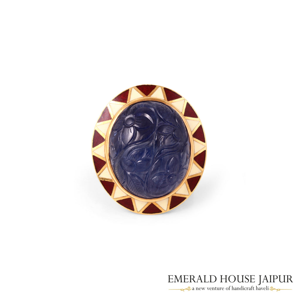 Thai Carved Oval Blue Sapphire Ring With Enameling Work In 18K Yellow Gold