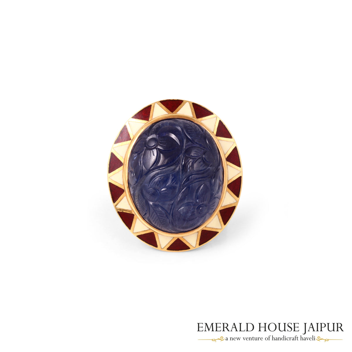 Thai Carved Oval Blue Sapphire Ring With Enameling Work In 18K Yellow Gold