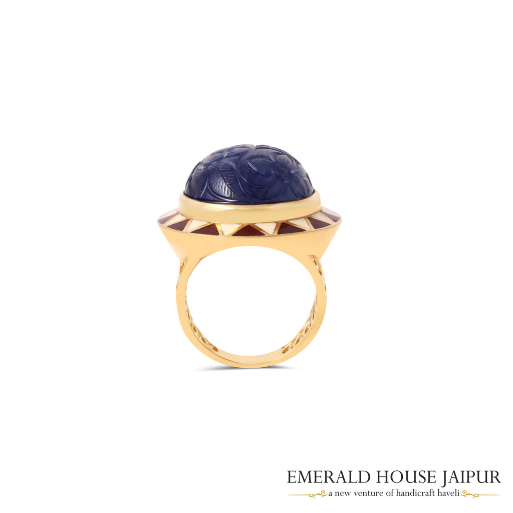 Thai Carved Oval Blue Sapphire Ring With Enameling Work In 18K Yellow Gold