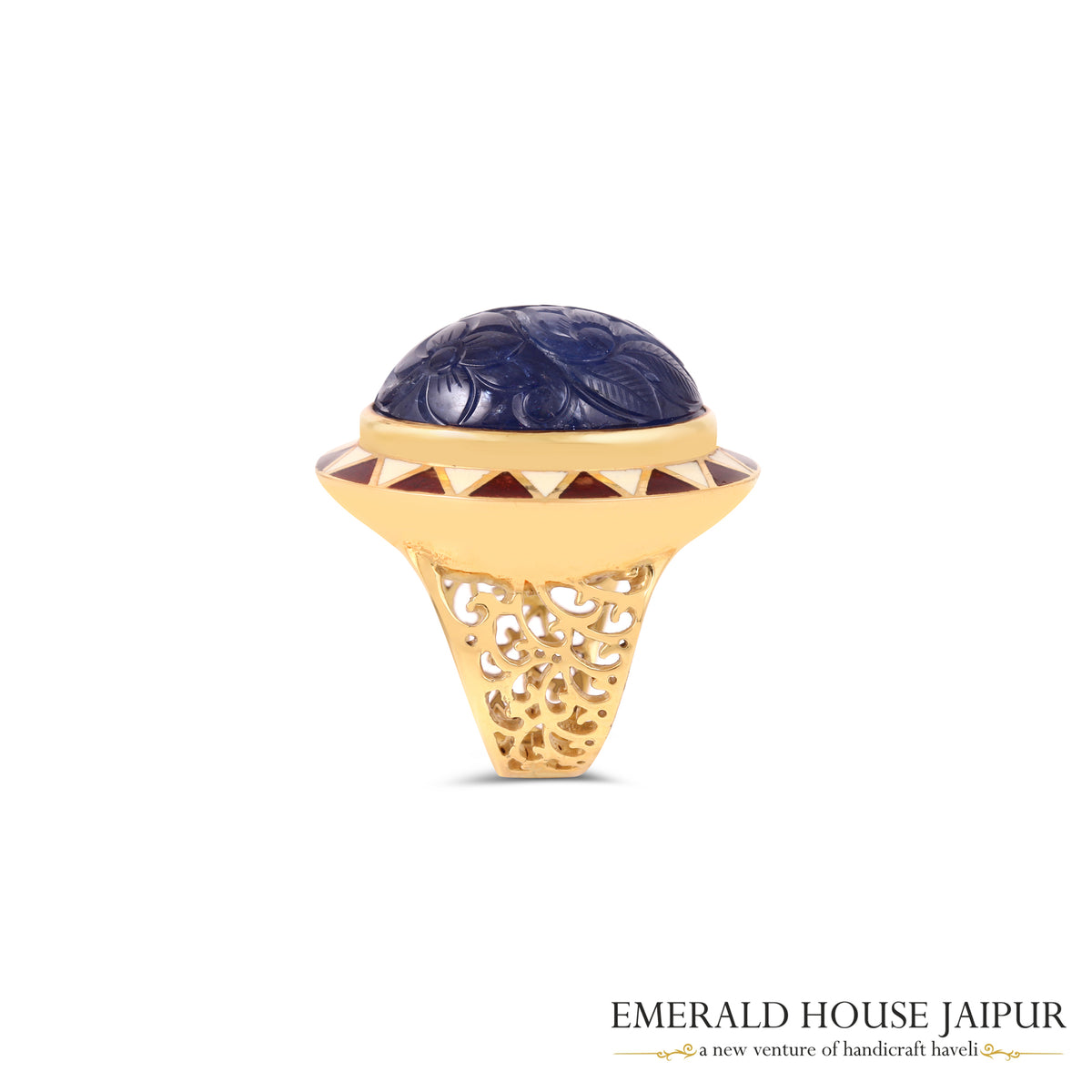 Thai Carved Oval Blue Sapphire Ring With Enameling Work In 18K Yellow Gold